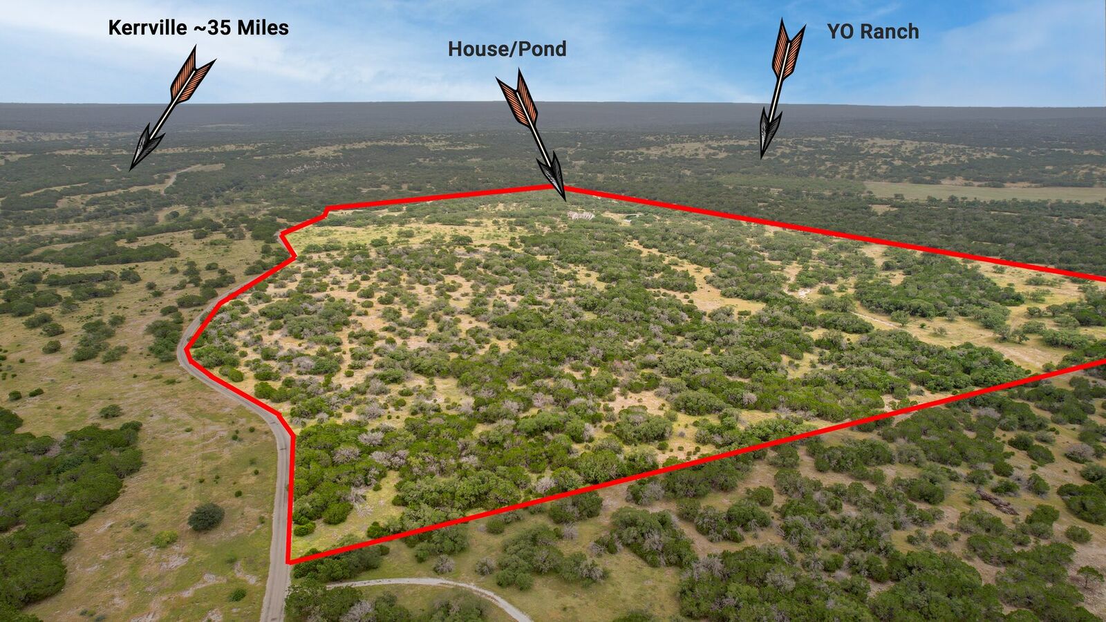 Aerial of the property with a drawn red outline and callouts marking Kerrville, the house and pond, and the YO Ranch
