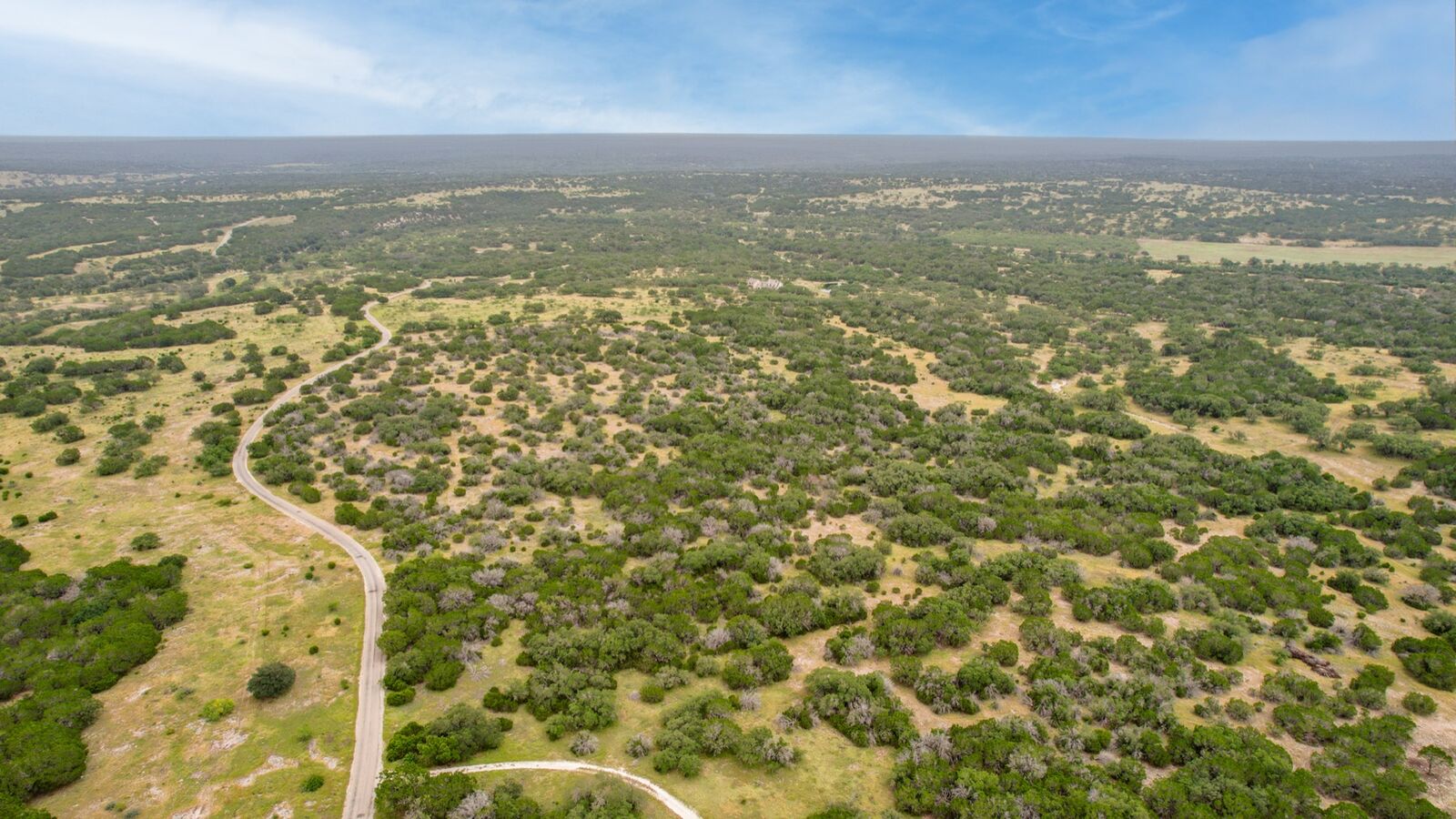 Wide aerial across the wooded, gentle-rolling acreage with the ranch road winding through