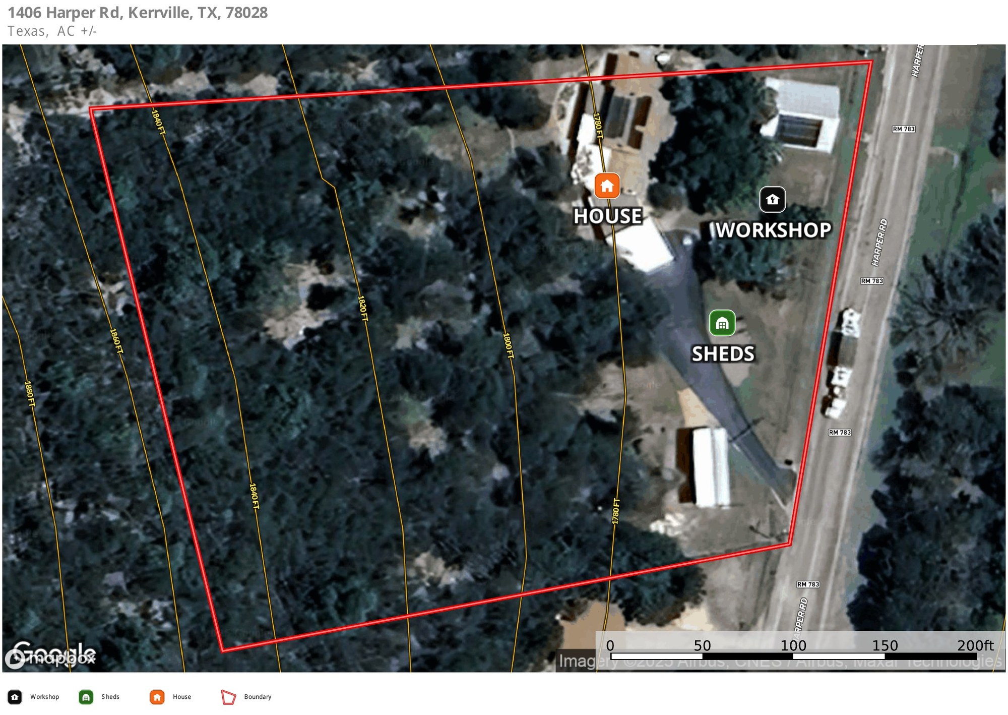 Overhead aerial of the 2.57-acre parcel with a drawn red boundary and labels marking the house, the workshop and the sheds, fronting Harper Road