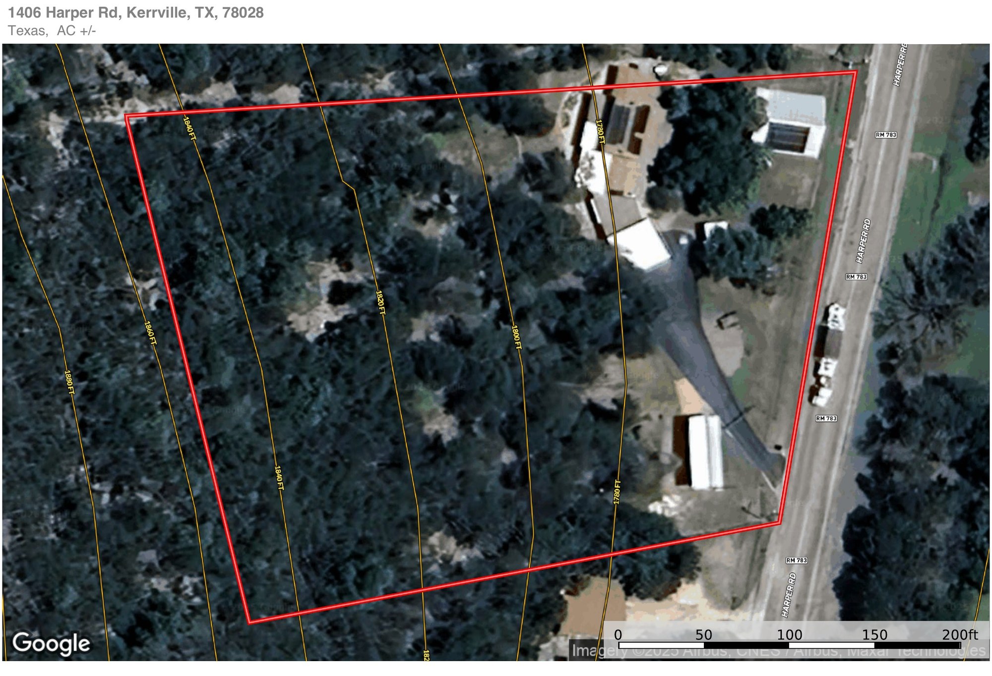 The same parcel with topographic contour lines running from roughly 1,780 feet at the road up to about 1,860 feet at the back of the property