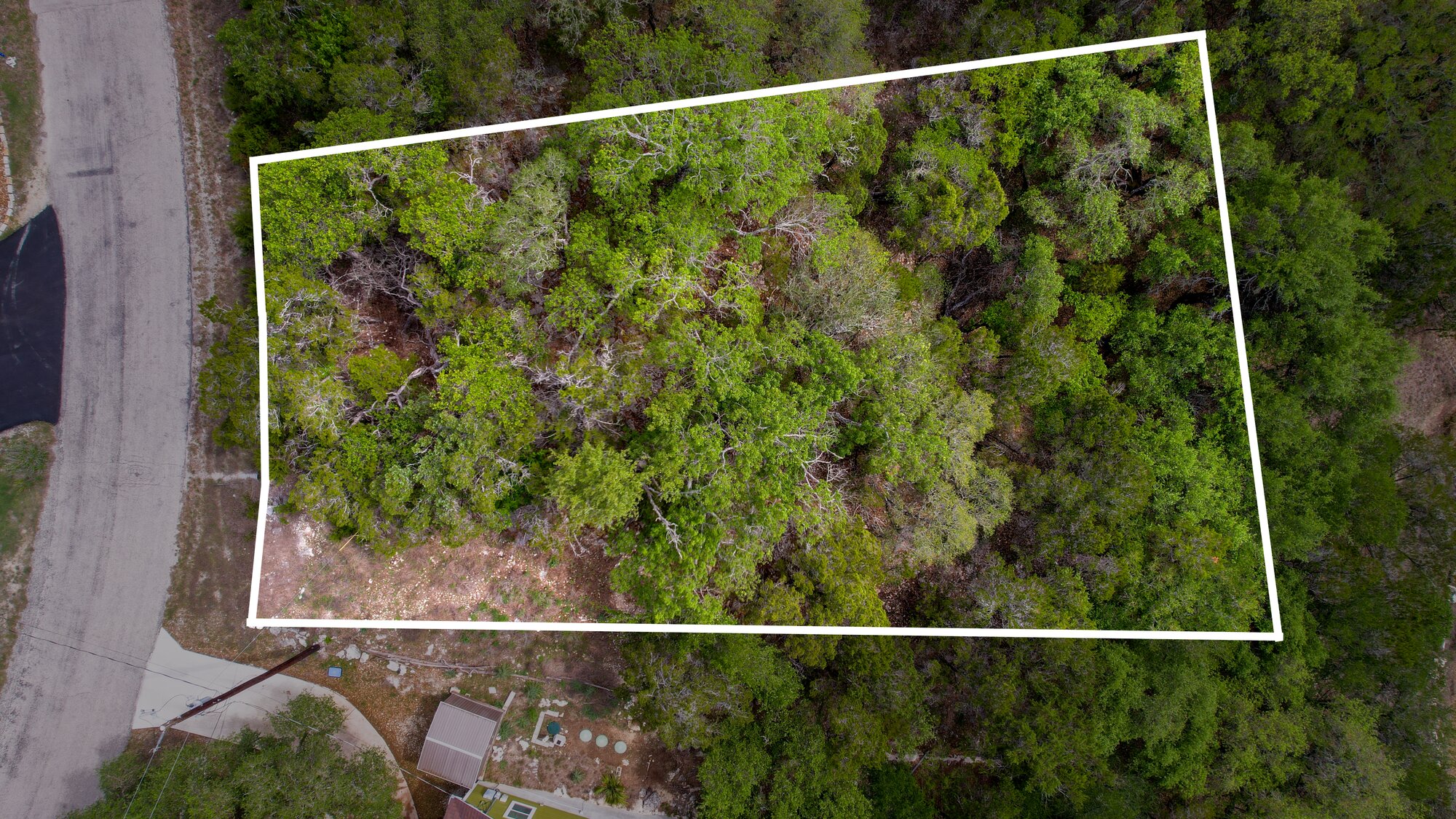 Drone frame straight down over 183 Palm with a white outline drawn around the lot, the paved road running along the left of the frame