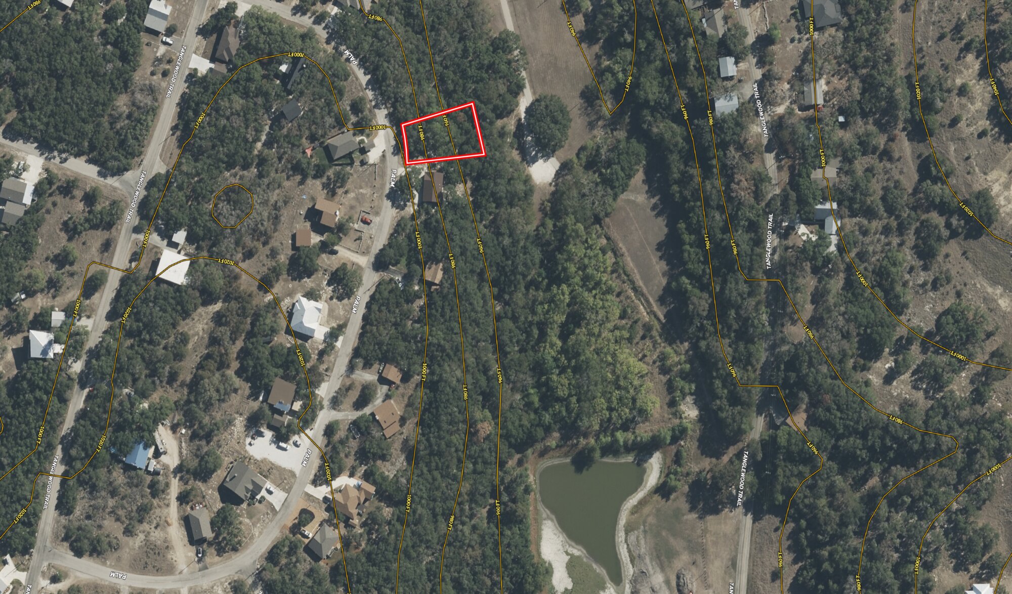 Wide contour map of Cypress Cove showing the outlined lot at 183 Palm among neighbouring homesites, with Palm and Tanglewood Trail labelled and elevation contours across the frame