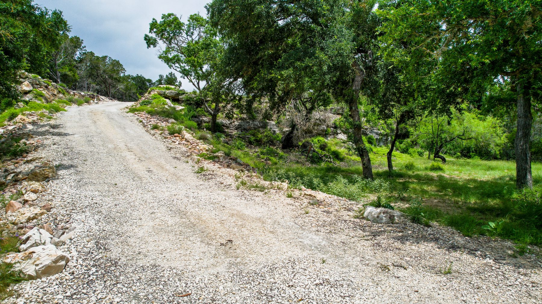 White gravel drive climbing past rock outcrops and live oaks on the property