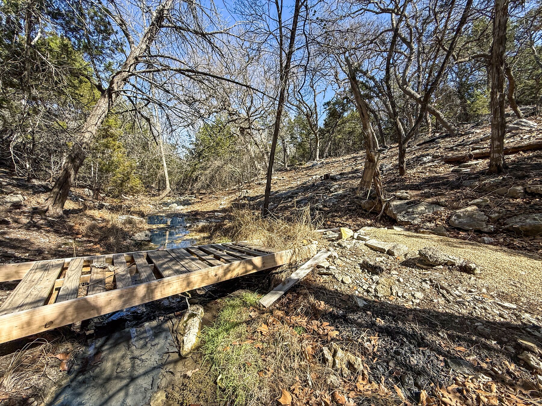A small wooden footbridge spanning the creek at 214 Hazelett Dale Rd, timber decking on plank rails with limestone and clear water beneath it