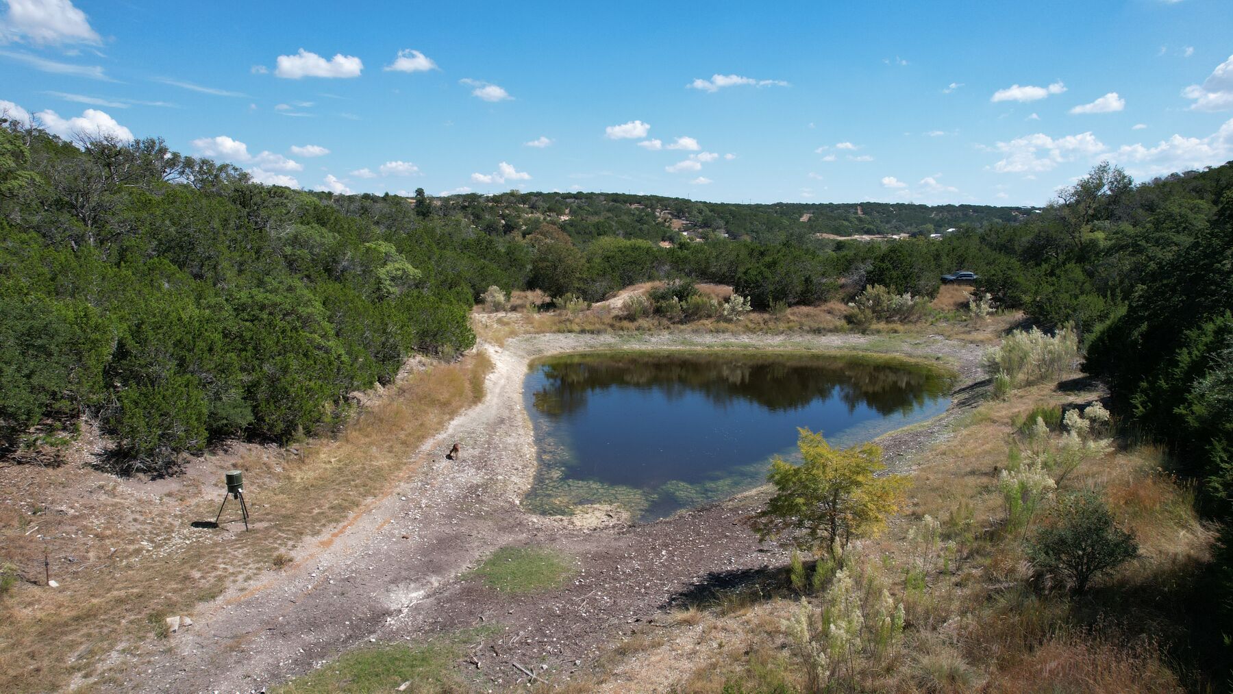 Aerial view at 230 Marshall Dr showing the pond sitting in a wooded bowl with the Hill Country running out to the horizon beyond the tract