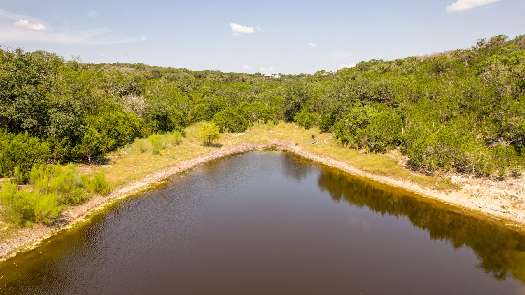 Low aerial over the pond at 230 Marshall Dr, water filling the bowl between pale banks, with cedar and live oak rising on both sides