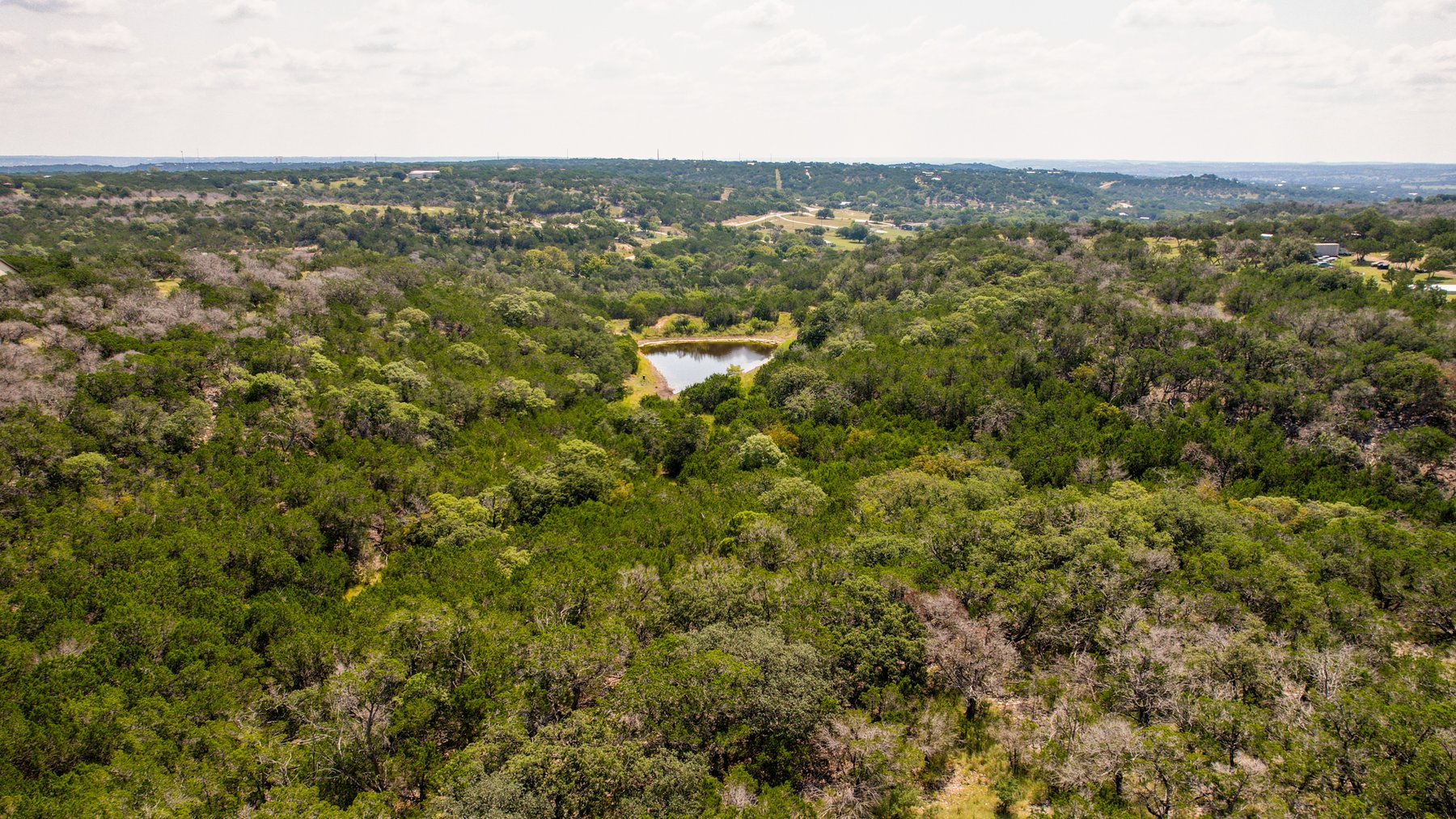 High aerial looking over the tree canopy at 230 Marshall Dr, the pond small in the middle of the frame and Hill Country ridges to the horizon