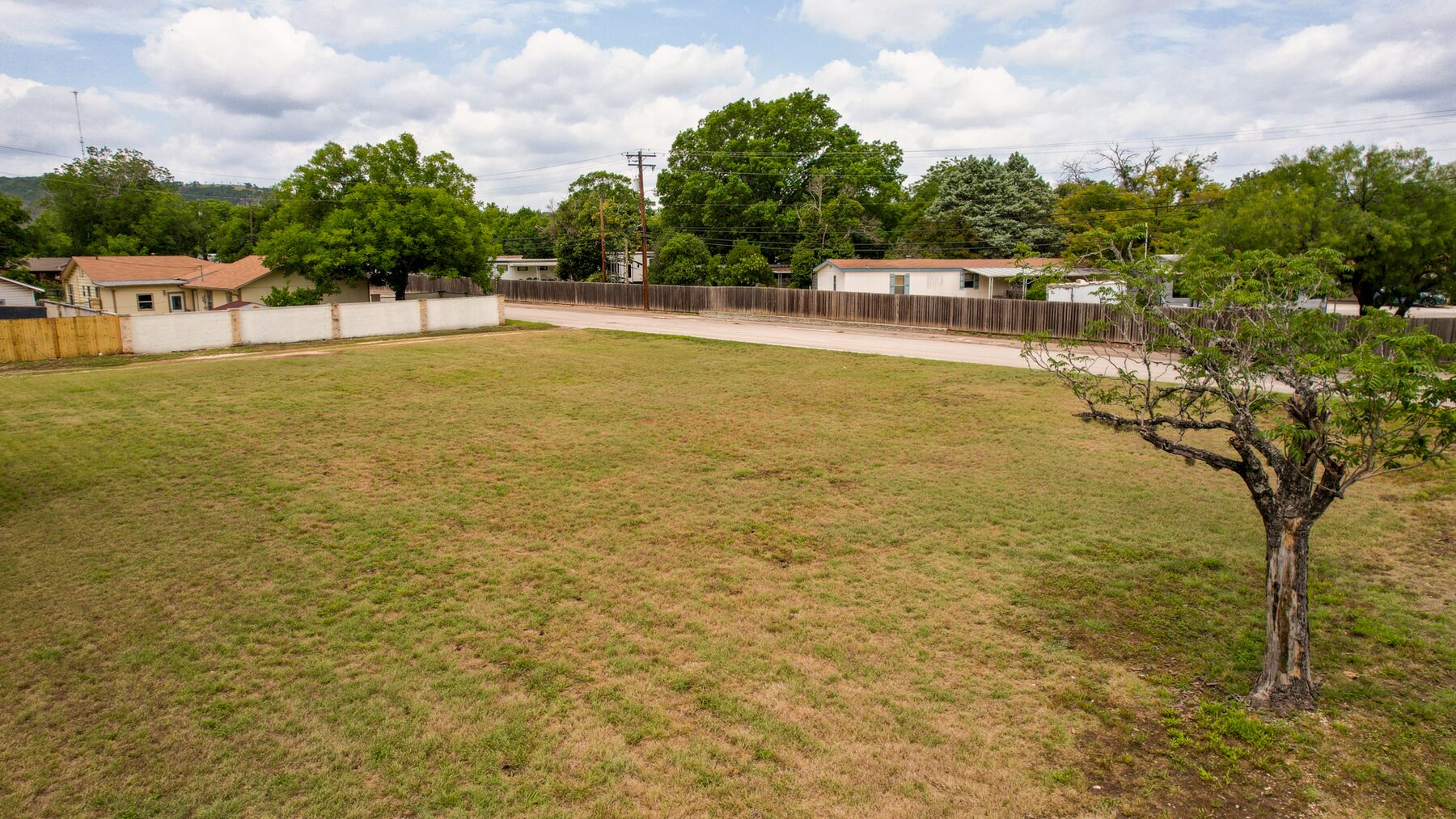 Looking across the property toward the white masonry wall, with a neighbouring house and mature shade trees beyond it. The ground is level across the full width of the frame.
