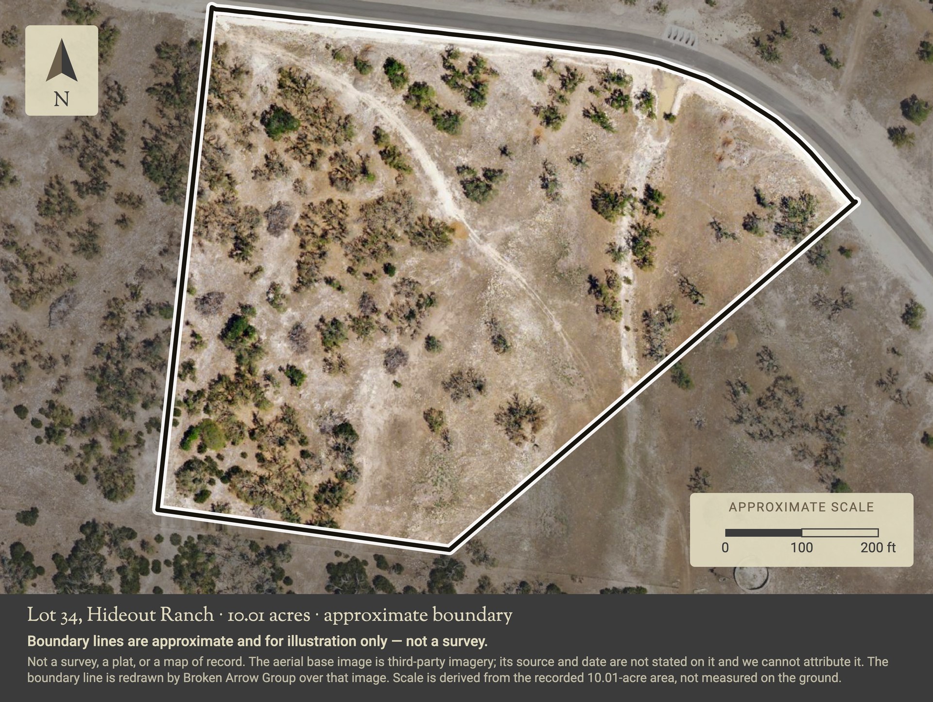 Aerial view of Lot 34 in Hideout Ranch with an approximate boundary line drawn around the ten acres, a north arrow and a two hundred foot scale bar. The subdivision road runs along the north-east side. Boundary lines are approximate and for illustration only, and this is not a survey.