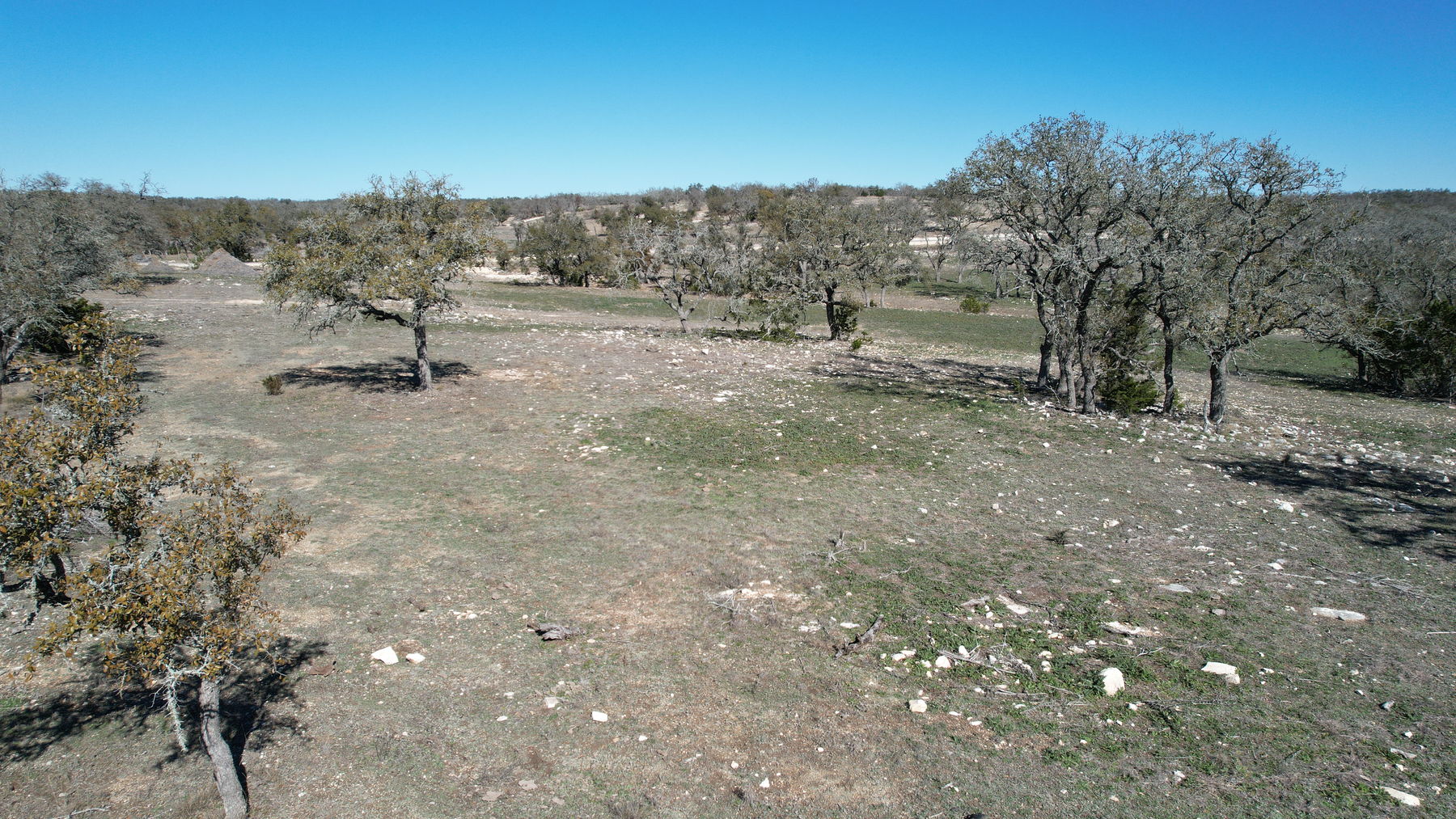 Aerial of open ground under scattered live oaks, falling away gently to the north, with limestone breaking the surface in places